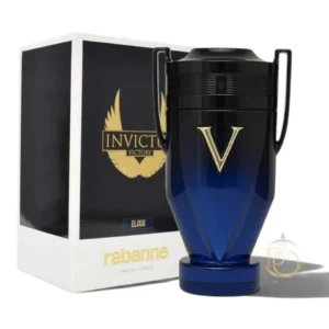 Frasco de 200Ml del perfume Invictus Victory Elixir Parfum con su icónico trofeo sobre un fondo oscuro y destellos dorados.