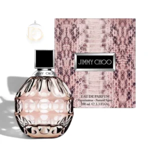 Elegante frasco tallado del perfume Jimmy Choo EDP sobre un fondo sofisticado.