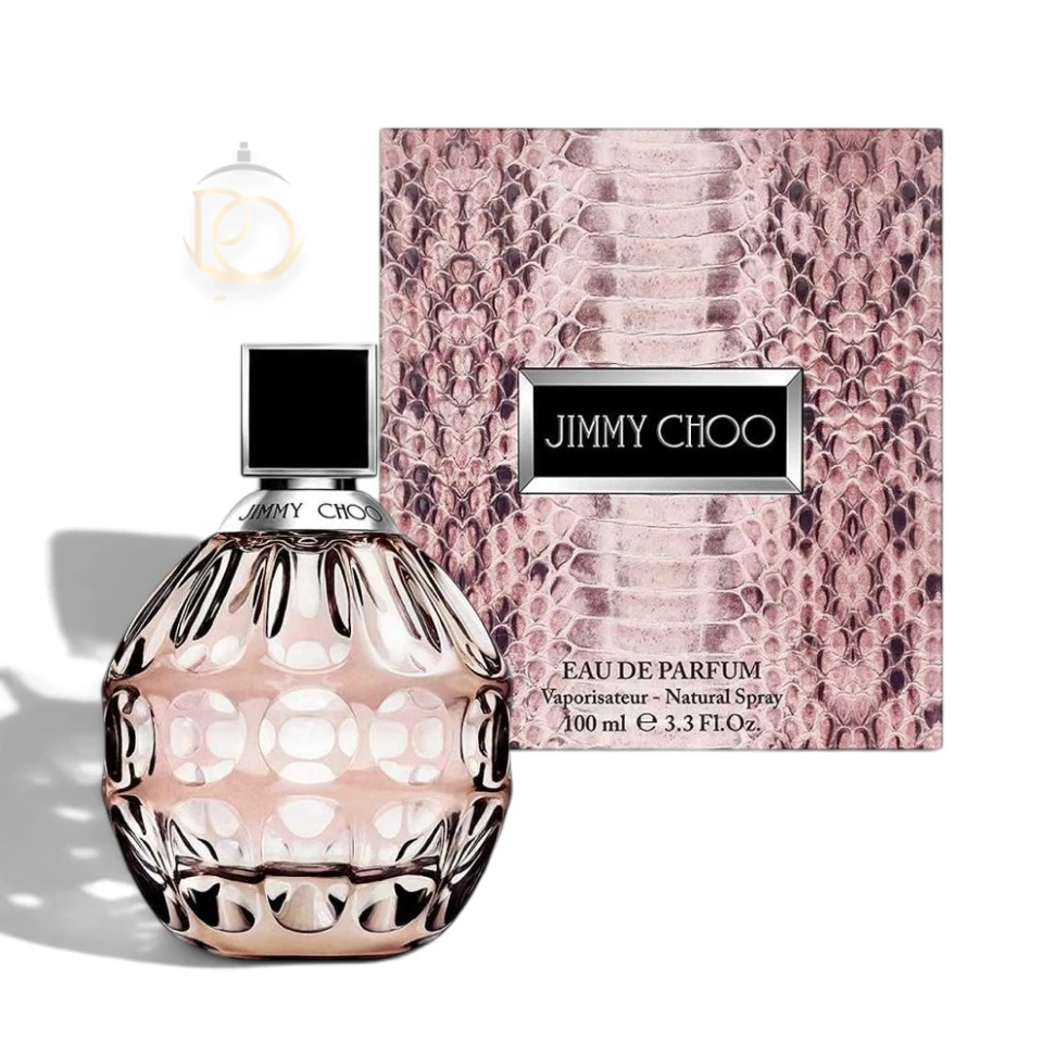Elegante frasco tallado del perfume Jimmy Choo EDP sobre un fondo sofisticado.