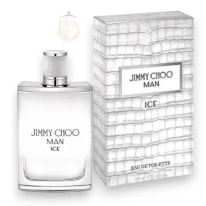 Frasco del perfume Man Ice Jimmy Choo EDT con su diseño helado y elegante sobre fondo fresco.