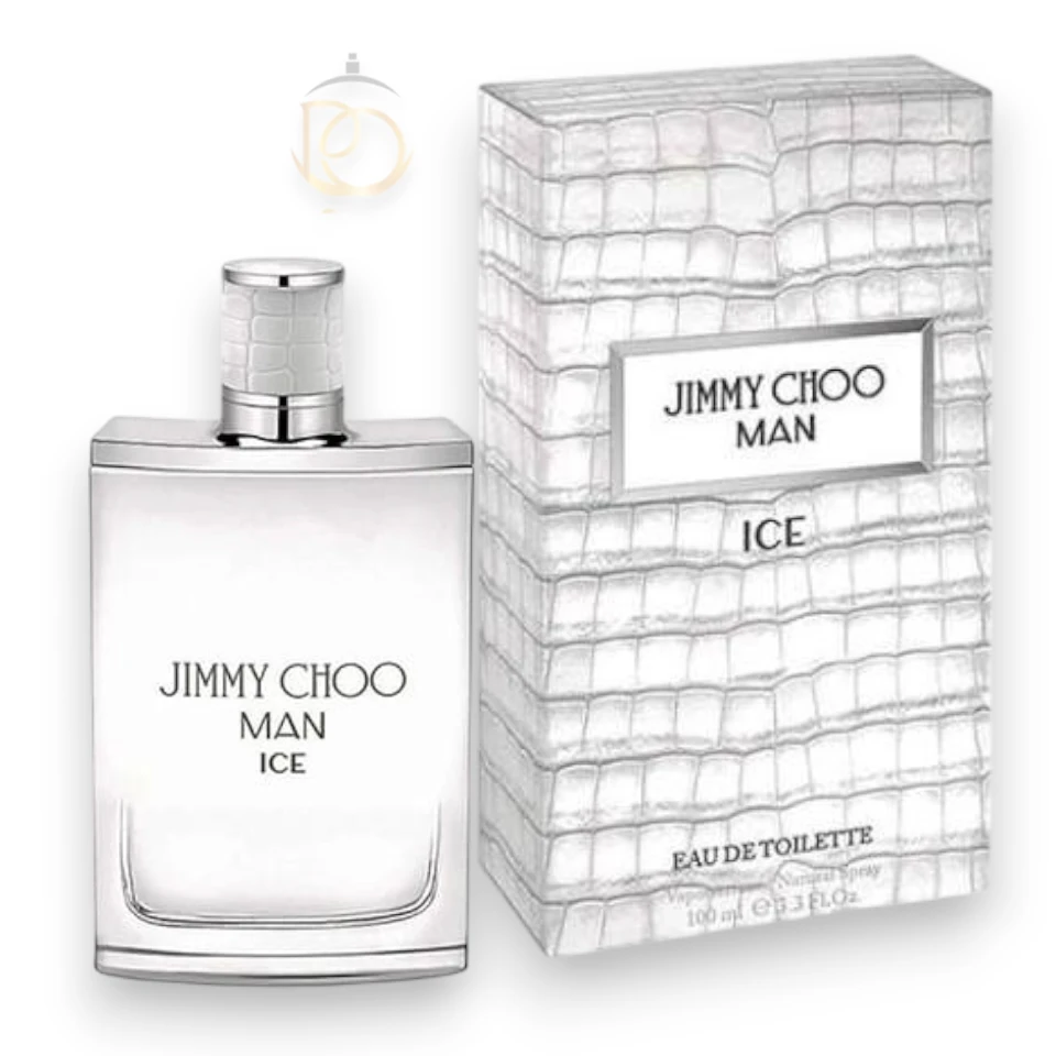 Frasco del perfume Man Ice Jimmy Choo EDT con su diseño helado y elegante sobre fondo fresco.