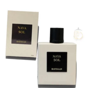 Frasco de Nava Sol Rayhaan sobre fondo luminoso con detalles dorados y estilo elegante.