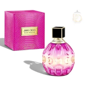 Frasco del perfume Rose Passion EDP sobre un sofisticado fondo de tonos rosados y dorados.