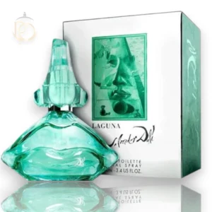 Frasco turquesa con forma de labios y nariz del perfume Salvador Dali Laguna EDT sobre fondo claro.