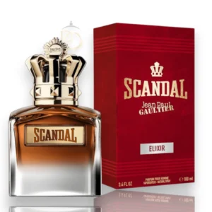 Frasco del perfume Scandal Elixir Parfum sobre un fondo sobrio con reflejos dorados y elegantes.