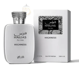 Botella sofisticada de Hawas Highness Rasasi EDP en acabado metálico plateado con diseño exclusivo.